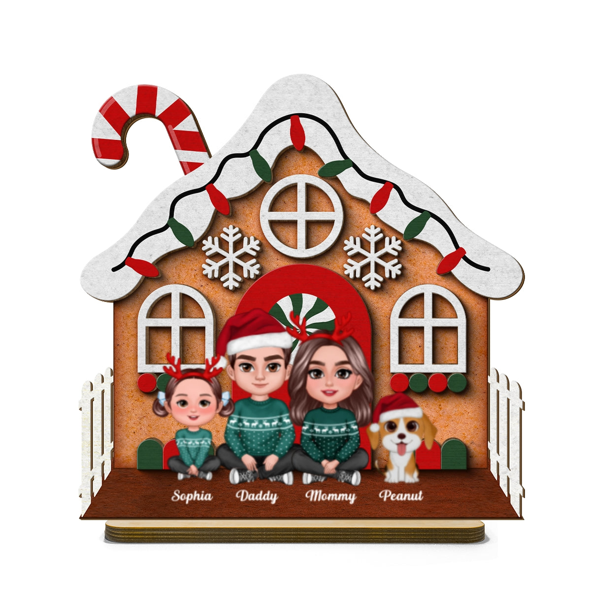 Gingerbread House Family Christmas Tabletop Fireplace Decor Personalized 2-Layer Standing Wooden Plaque