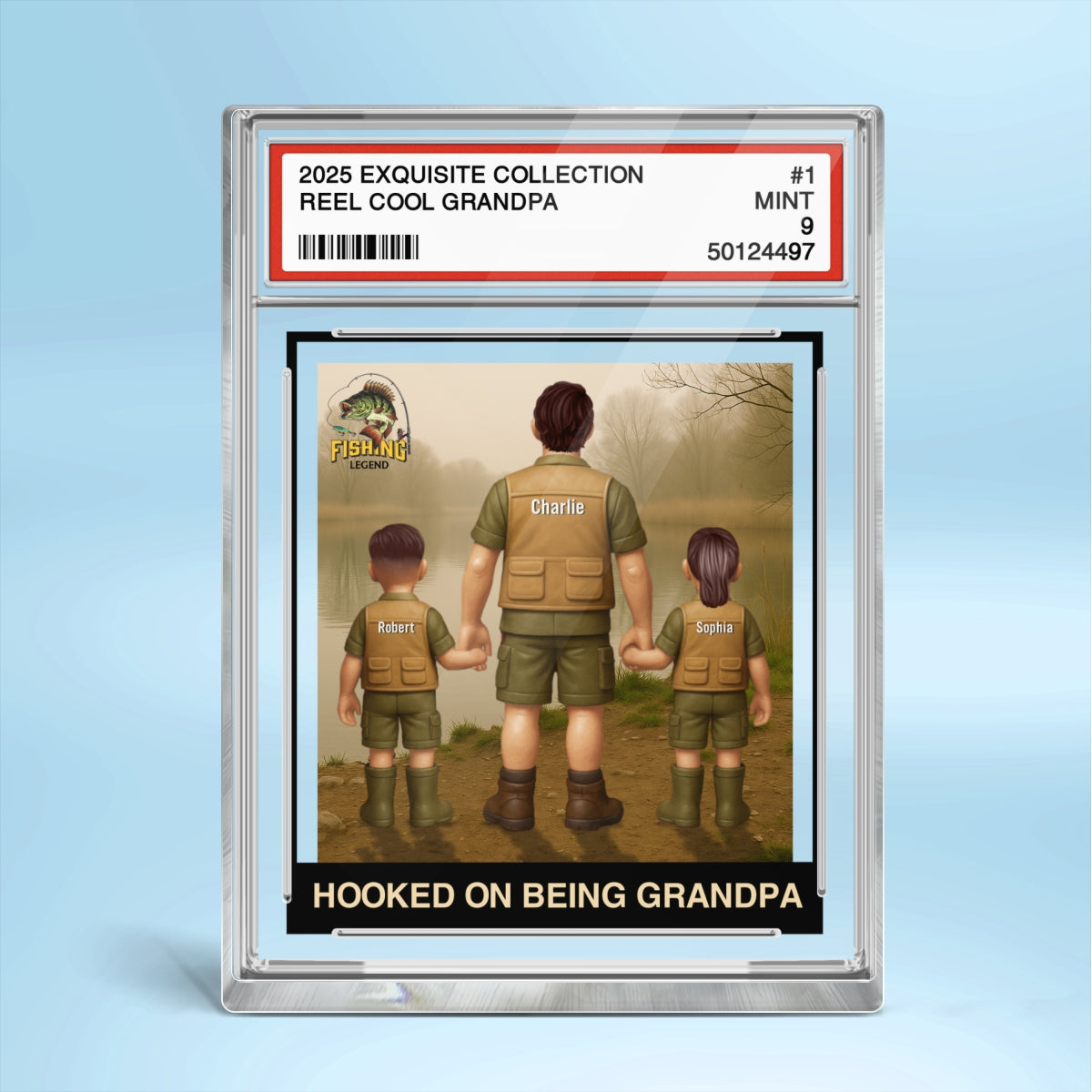 Fishing No. 1 Grandpa Dad Man & Kids Trading Card Style Personalized Acrylic Block Plaque