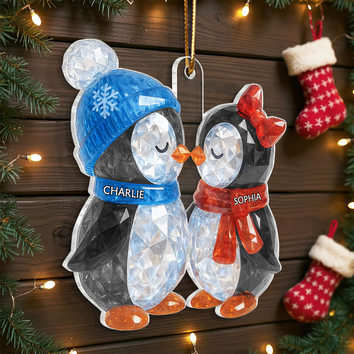 Christmas Penguins Couple 3D Crystal Effect Personalized Acrylic Ornament - Heartwarming Christmas Gift for Couple