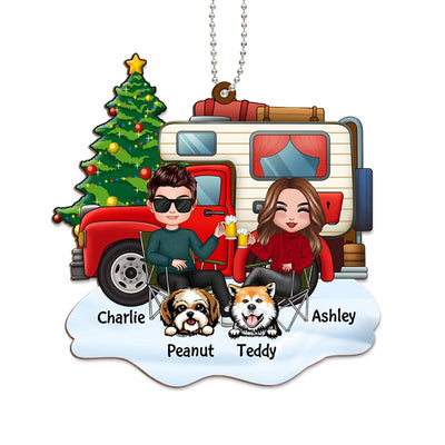 Couple And Dogs Camping Personalized Christmas Wooden Ornament