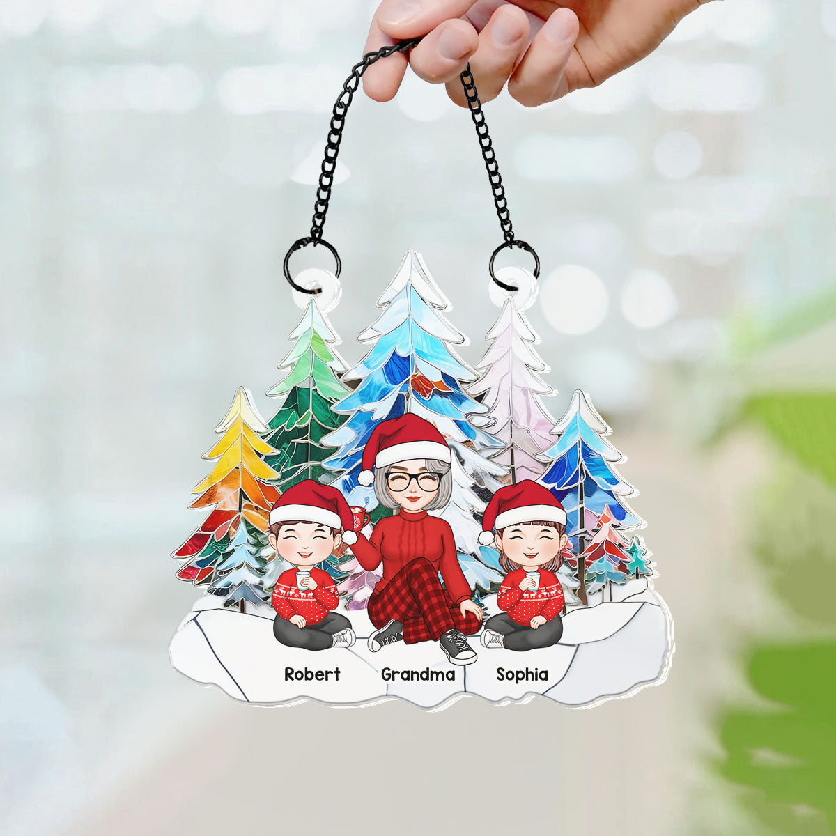 Grandma Grandkids Colorful Christmas Tree Stained Glass Personalized Suncatcher
