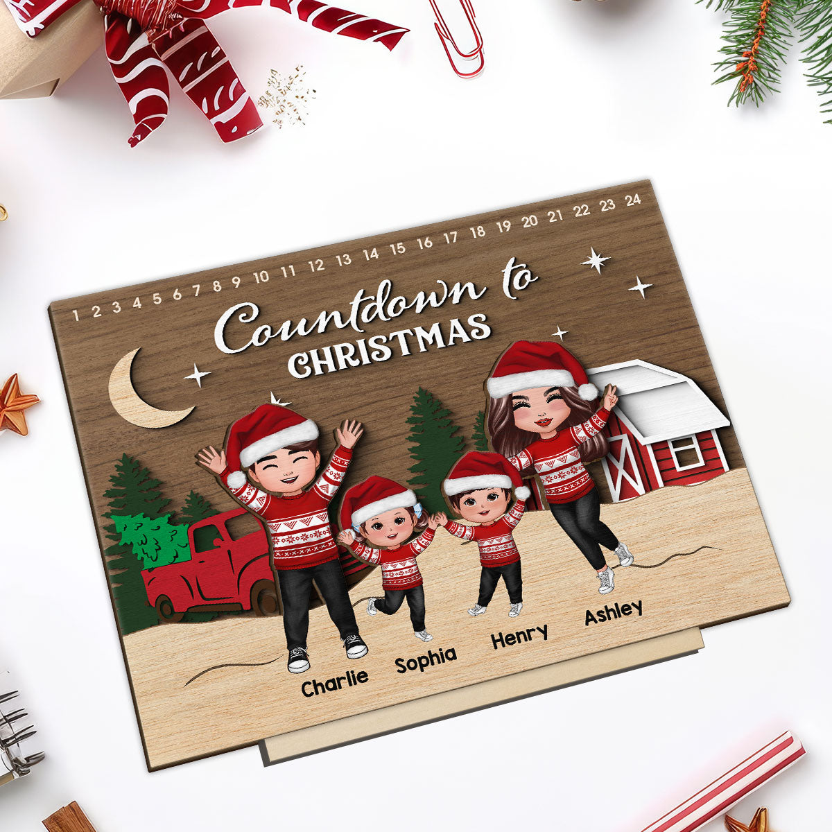 Christmas Countdowns Family Sitting Personalized 2-Layer Standing Wooden Plaque