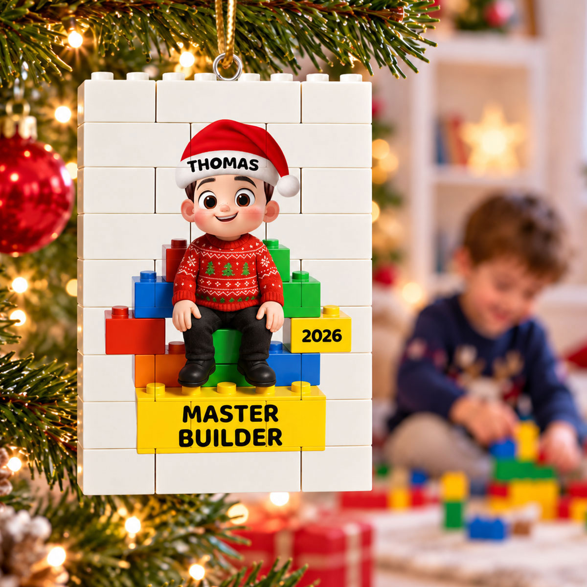 Little Kid Master Builder - Personalized Building Blocks Ornament - Christmas Gift For Kids, Son, Grandson, Daughter, Granddaughter