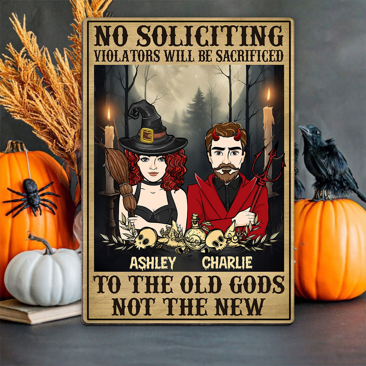 No Soliciting Halloween Couple Perosnalized Wood Sign, Door Hanger, Outside Decor