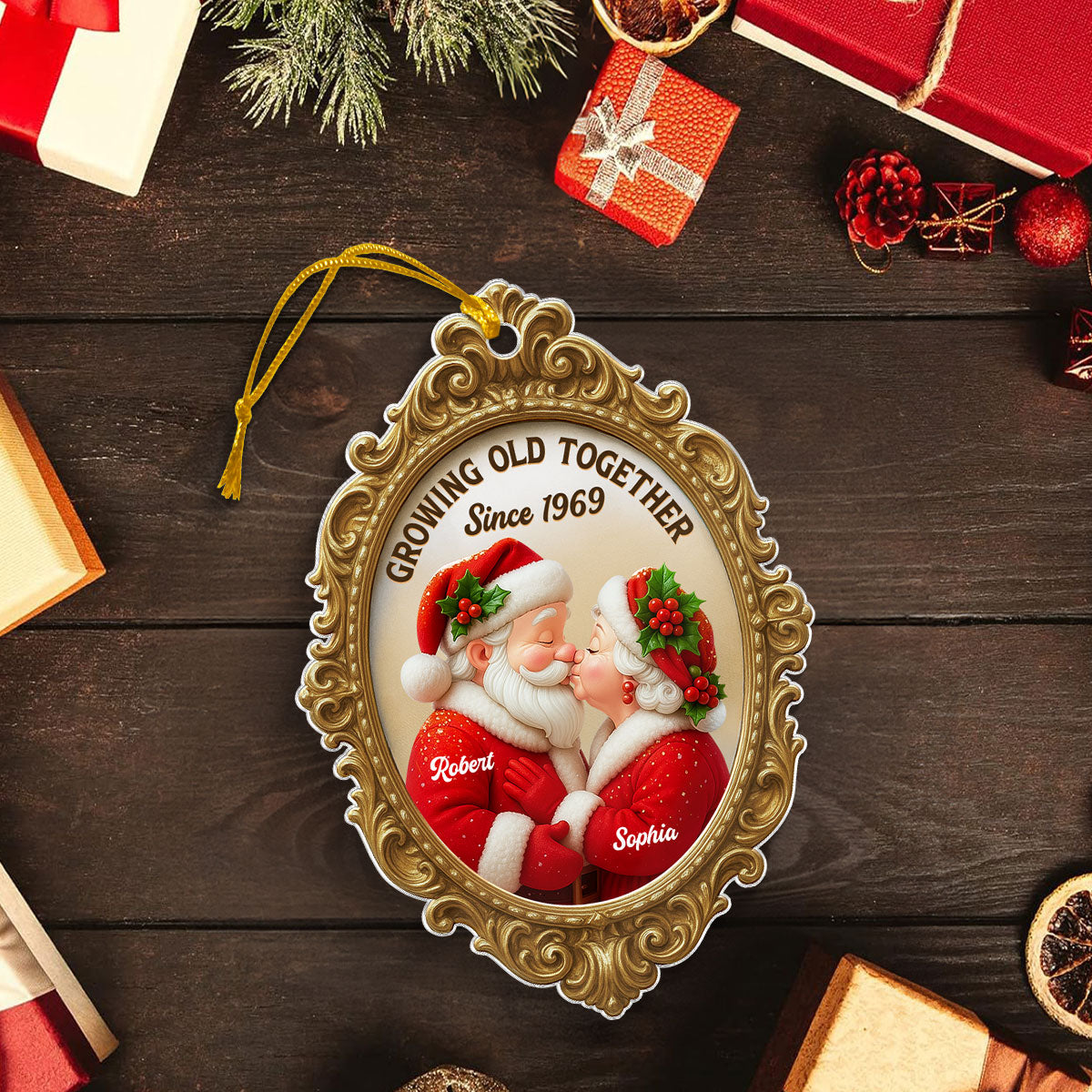 Vintage Golden Frame 3D Effect Mr Mrs Clause - Personalized Acrylic Ornament - Christmas Gift For Couples
