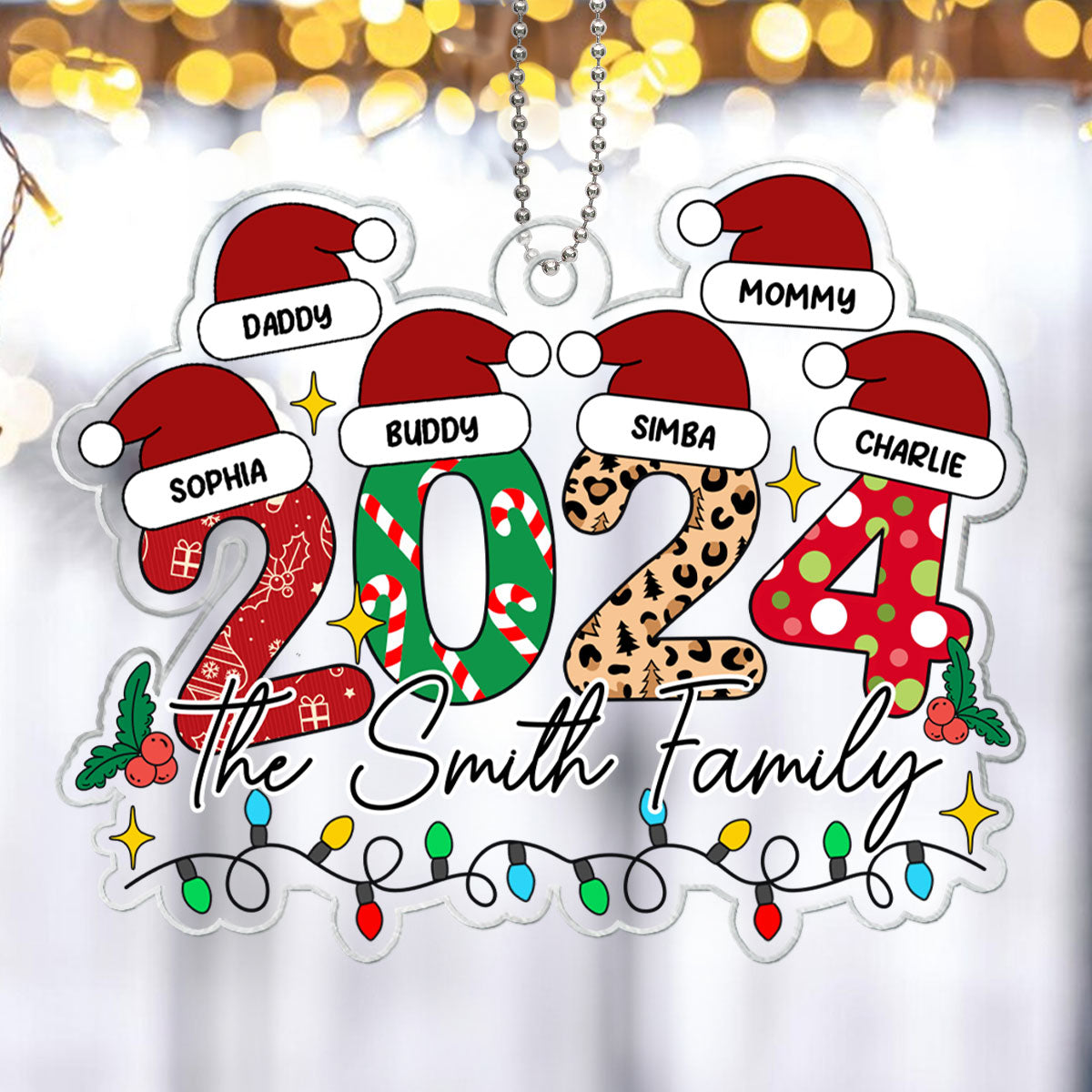 Family 2024 Christmas Pattern Santa Hat Personalized Acrylic Ornament, Christmas Gift for Children, Husband, Dad, Mom