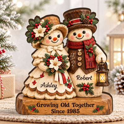 Retro Vintage Rustic Snowman Couple Cozy Christmas Vibe - Personalized Wooden Block Plaque - Christmas Gift For Couple