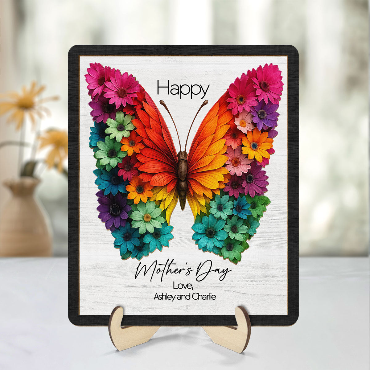 Mother's Day Butterfly Flowery Wings 2D Flat, Personalized 2-Layered Wooden Plaque, Gift for Mom, 3D Effect