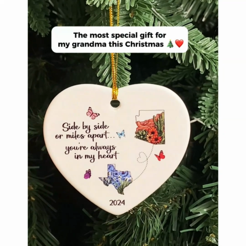 Miles Apart Long Distance Friendship Family Watercolor Wildflower State Map Personalized Ceramic Heart Ornament, Togetherness Keepsake