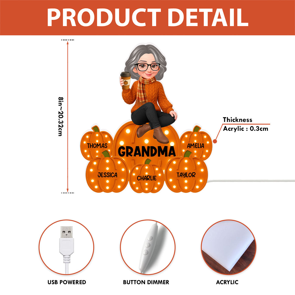 Fall Season Grandma Marquee Pattern Texture Pumpkins Kids Names Personalized LED Light Box
