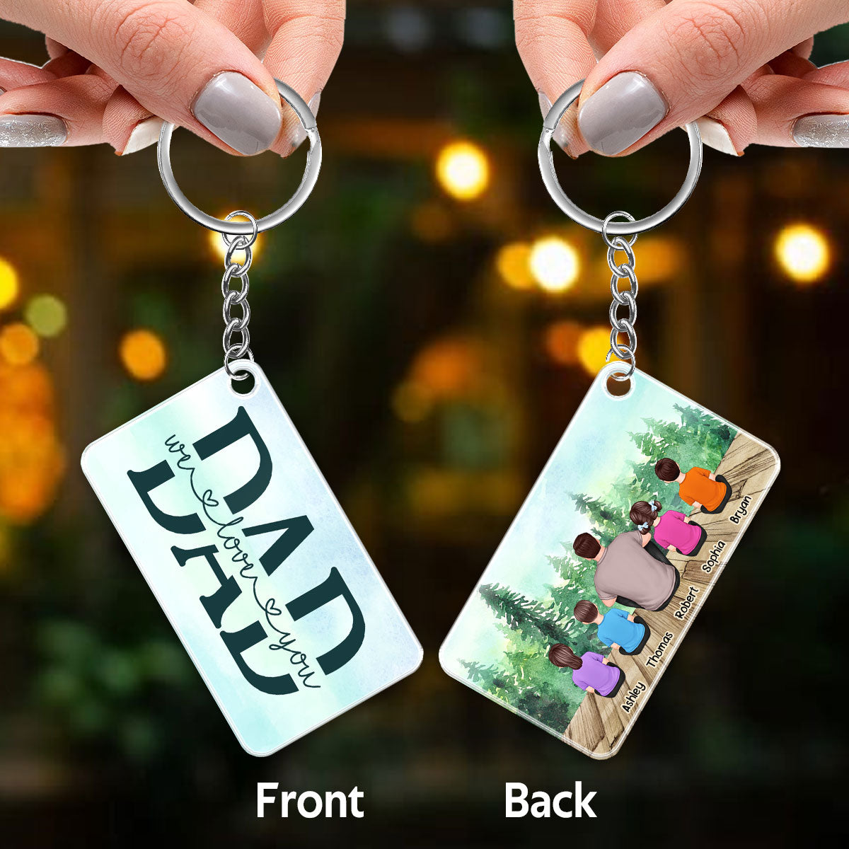 Dad And Kids Back View Sitting Forest Personalized Acrylic Keychain