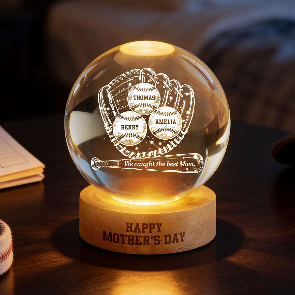 Happy Mother's Day Baseball Mom - Personalized Crystal Ball LED Night Light - Mother's Day Gift for Mom, Wife