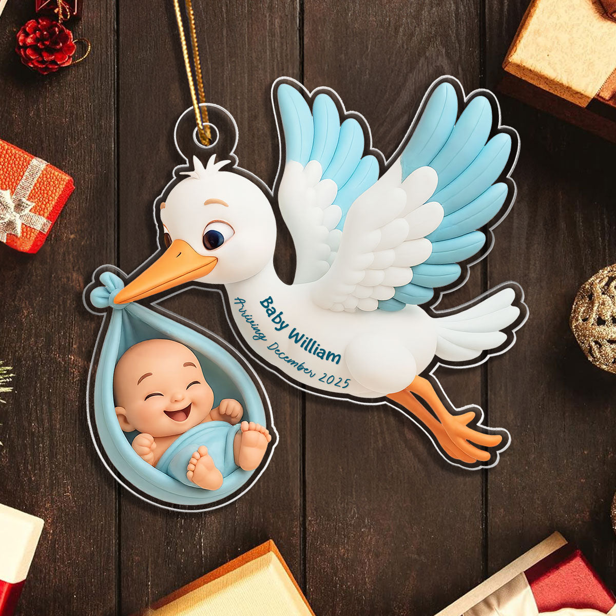 3D Effect Cute Stork And Baby Personalized Acrylic Ornament, Heartfelt First Gift for Pregnant Mom