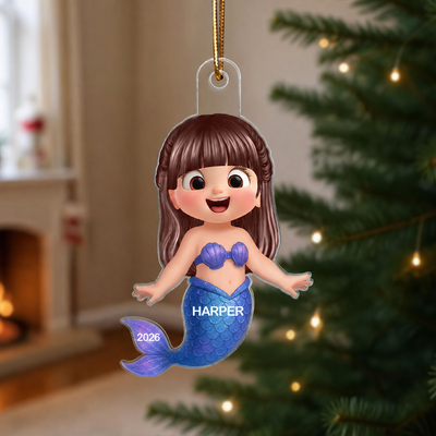 3D Effect Little Girl Mermaid Christmas Personalized Acrylic Ornament