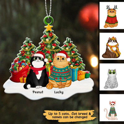 Fluffy Cats Sitting On Snow Christmas Tree Personalized Acrylic Ornament