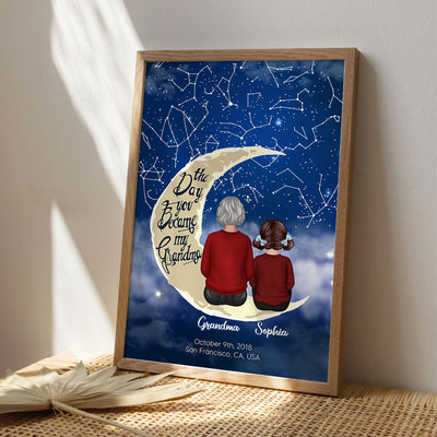 Grandma & Grandkid Sitting On Moon Custom Star Map Personalized Poster, Heartfelt Gift For Mom, For Grandma