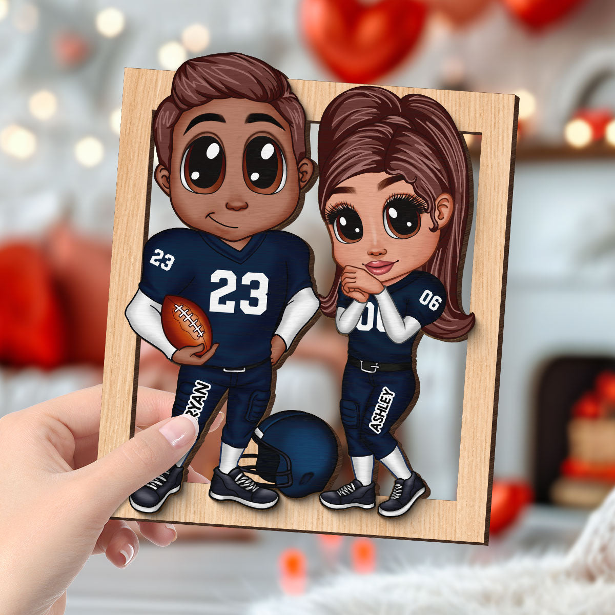 American Football Couple Y2K Style Frame Personalized 2-Layer Wooden Plaque,  Gift For Couples