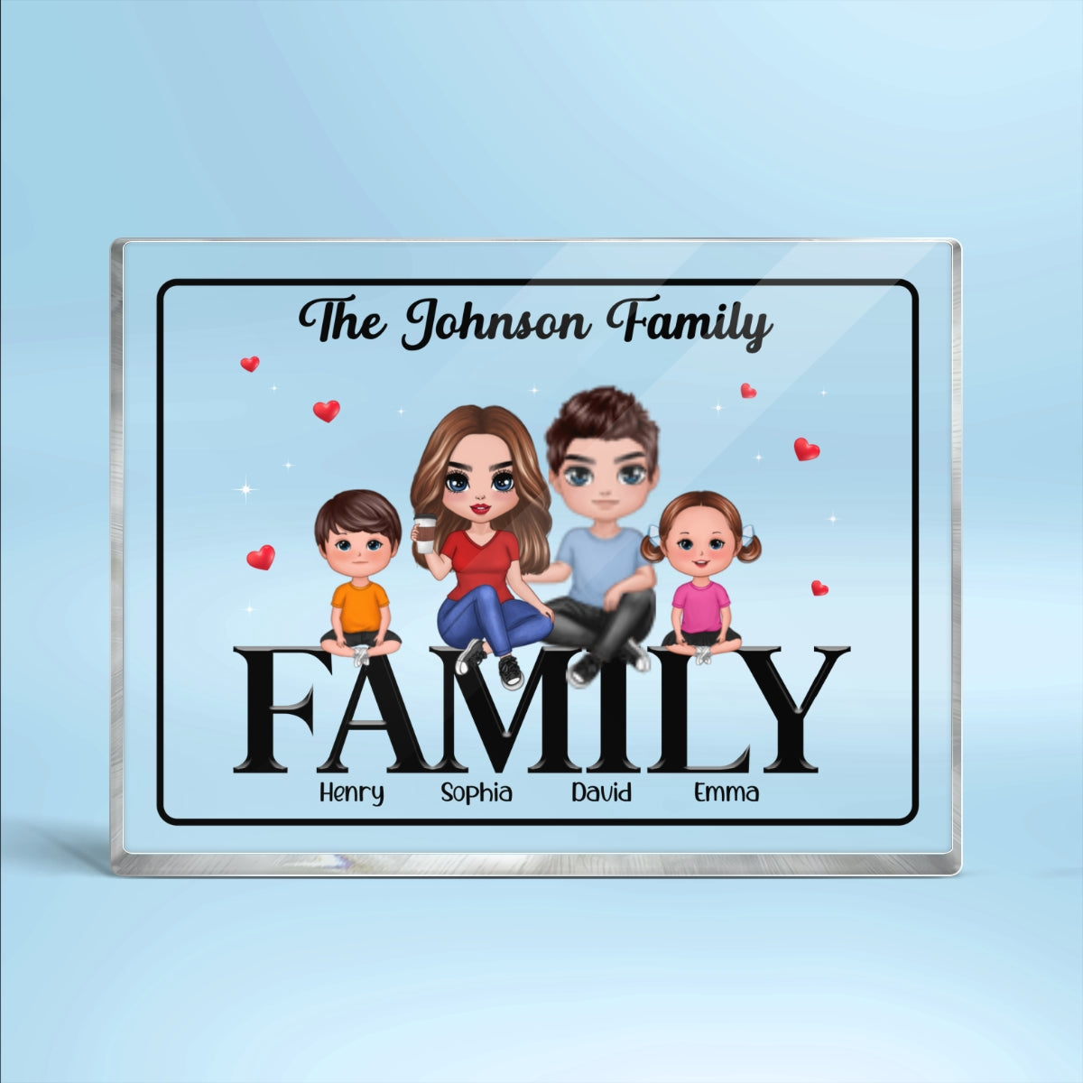 Doll Family Couple Dad Mom Kids Dogs Cats Sitting On Words Personalized Horizontal Rectangle Acrylic Block Plaque
