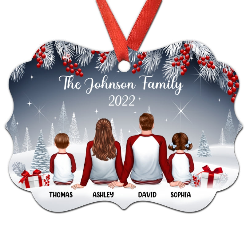 Family In Snow Pajama Berry Tree Personalized Christmas Ornament