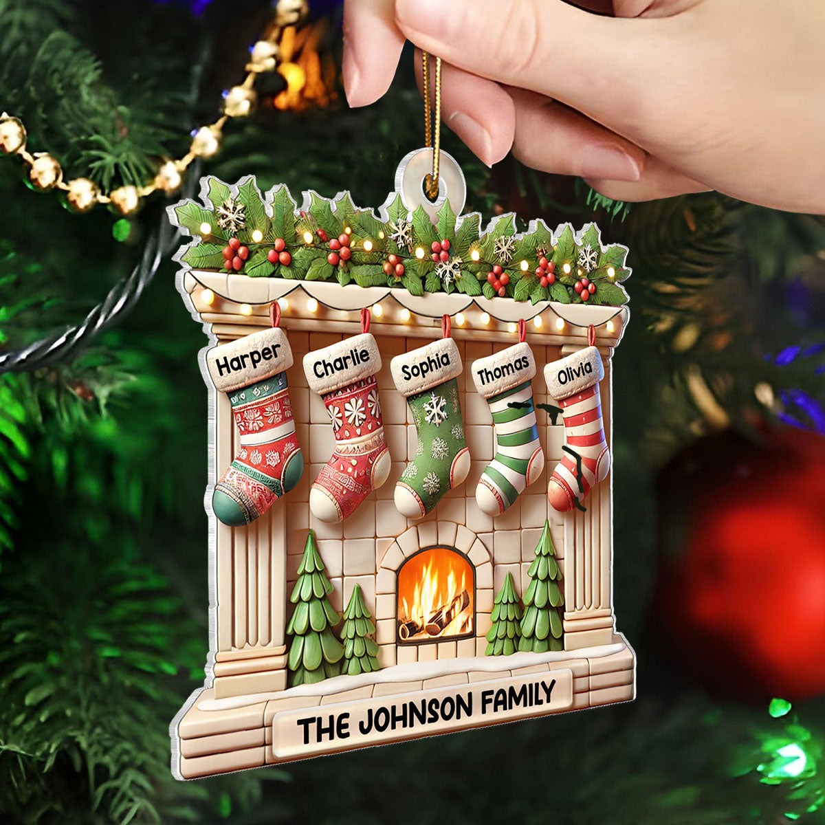 Realistic Family Christmas Stockings On Mantel 3D Effect Personalized Acrylic Ornament
