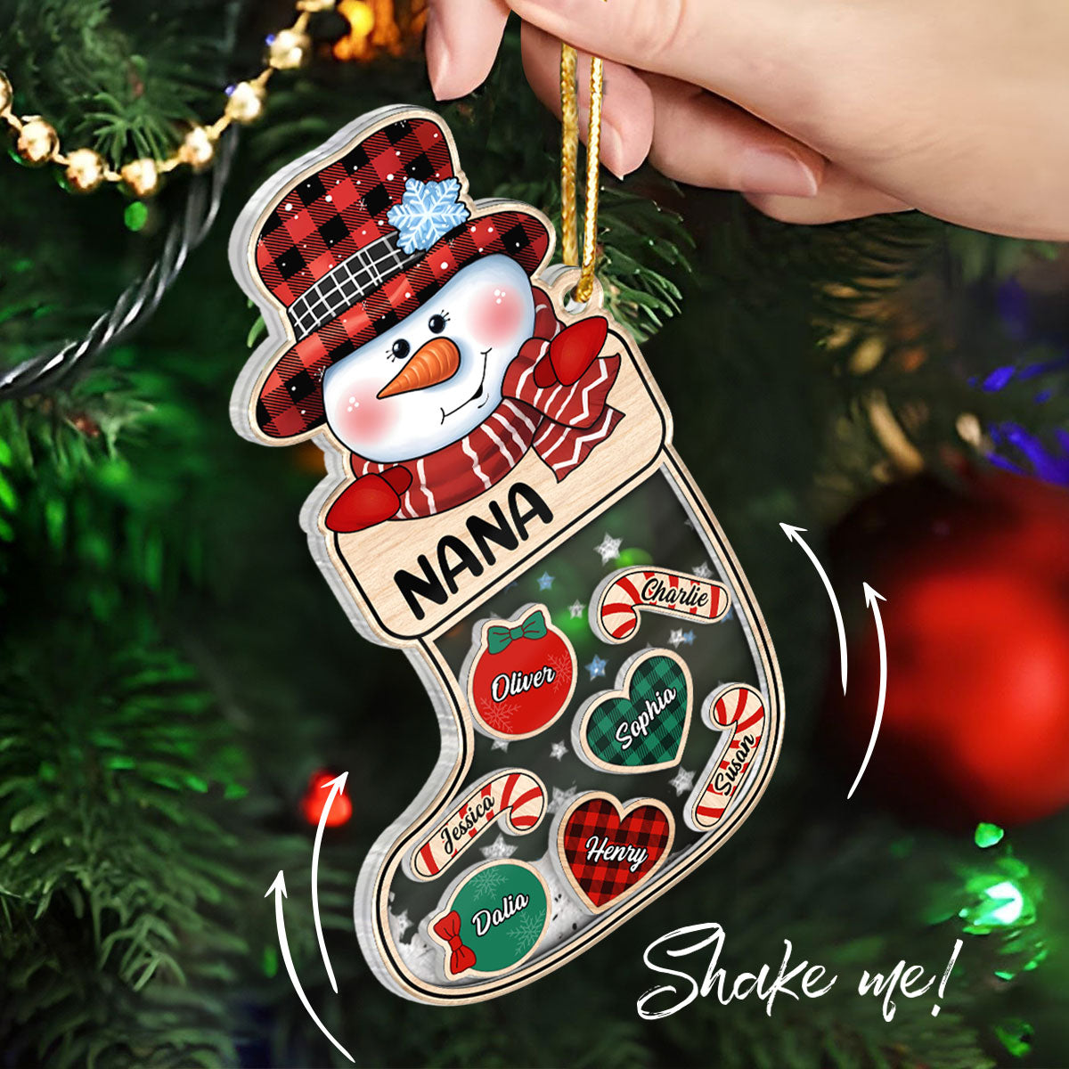 Grandma Snowman Kids In Christmas Socks Personalized Shaker Ornament