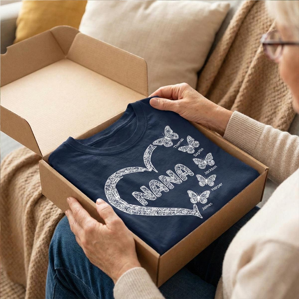Grandma Lace Pattern Butterflies Heart - Personalized Shirt - Gift For Grandma, Mom