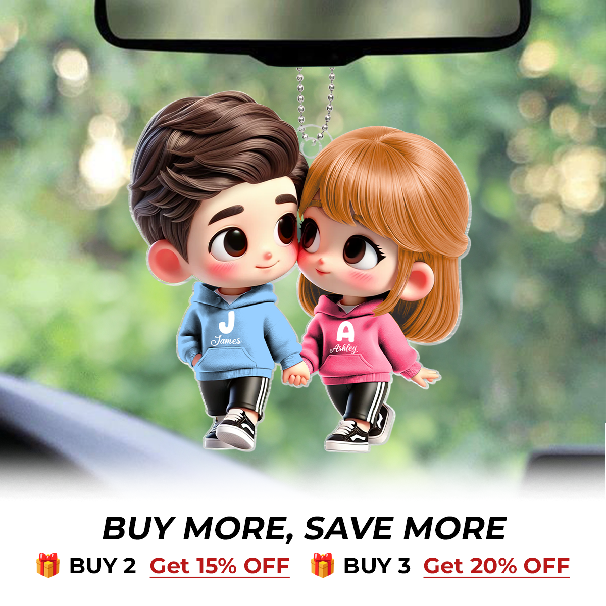 3D Effect Cute Cartoon Couple Holding Hands - Personalized Acrylic Car Hanger - Unique Valentine's Day Gift For Him, Gift For Her