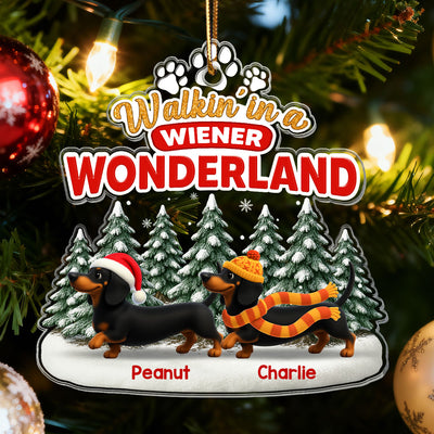 3D Effect Dachshunds Walking In A Wiener Wonderland - Personalized Acrylic ornament