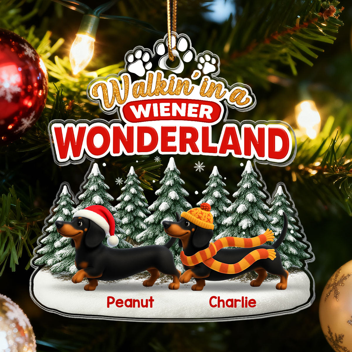 3D Effect Dachshunds Walking In A Wiener Wonderland - Personalized Acrylic ornament