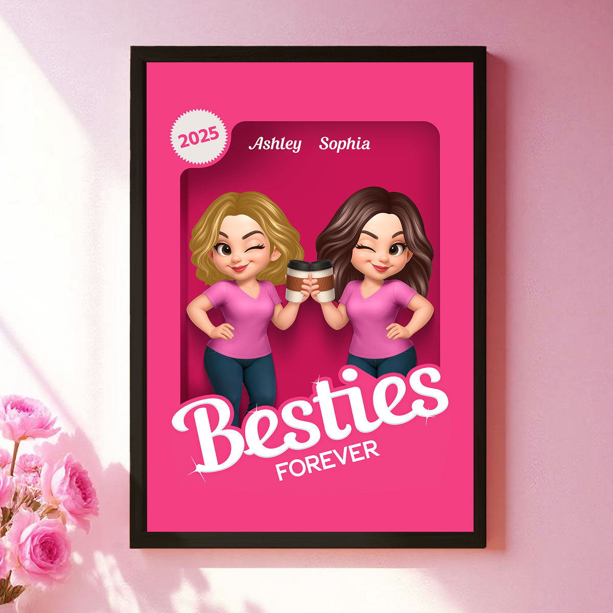 Besties Partners In Crime Pink Action Figure 3D Effect Personalized Poster