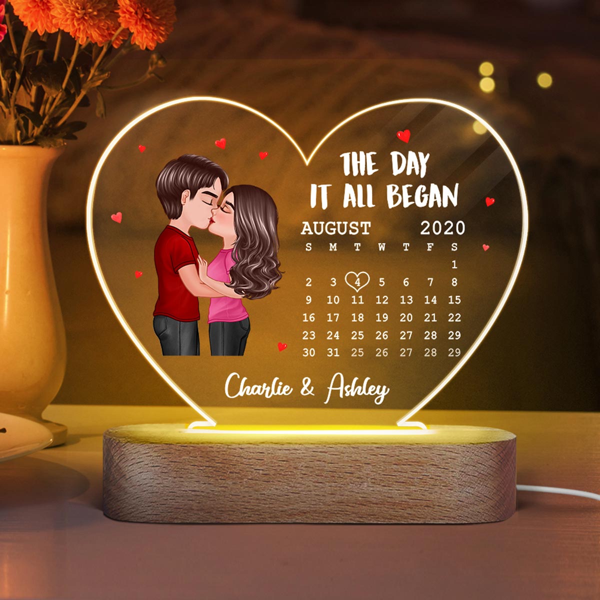 Doll Couple Kissing Calendar Anniversary Date Personalized Acrylic Heart Plaque LED Night Light