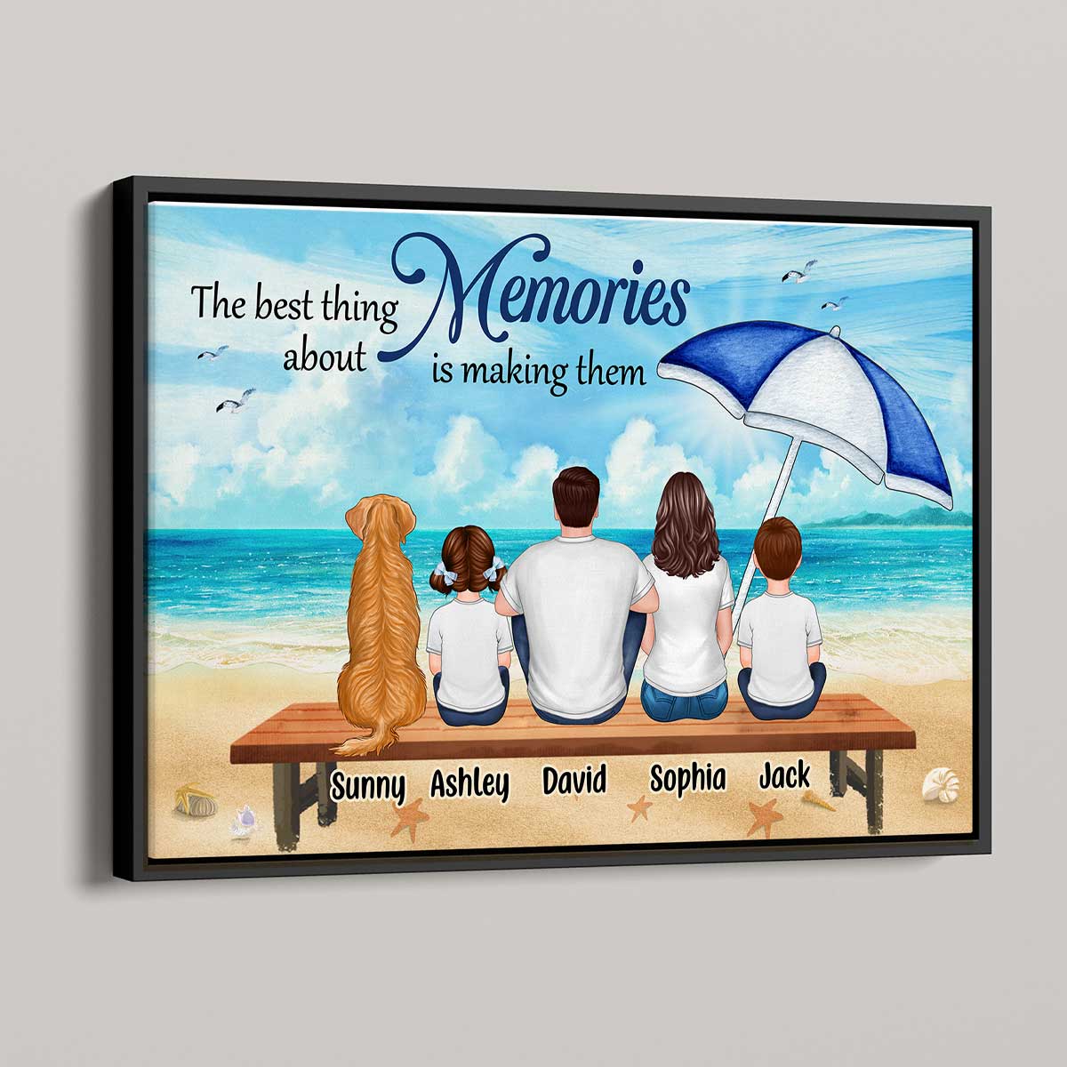 Family Sitting On Beach Bench Umbrella Personalized Horizontal Poster