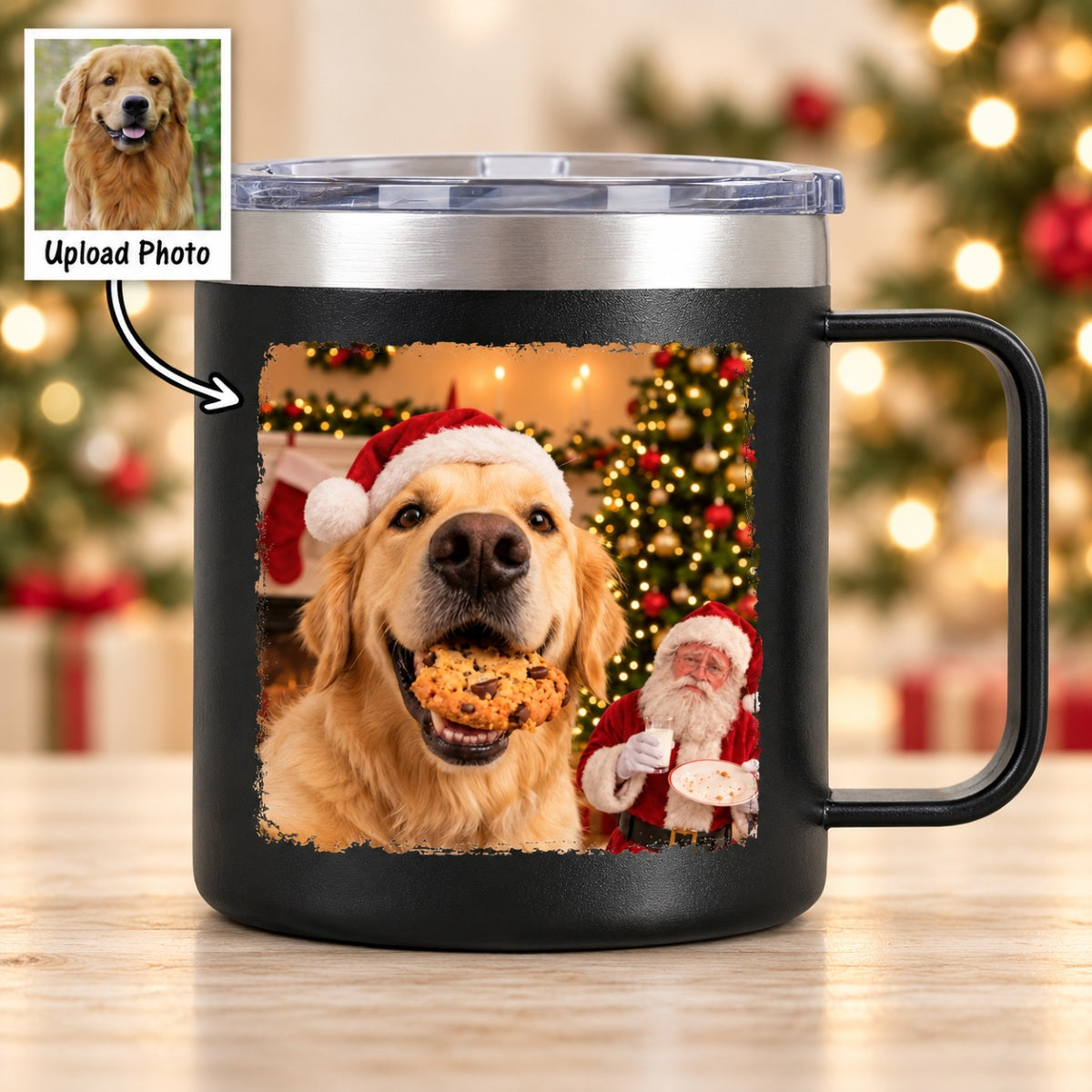 Dog Cat Steal Cookie From Santa Upload Pet Photo - Personalized Stainless Steel Tumbler With Handle - Funny Christmas Gift For Dog Lovers, Cat Lovers, Pet Lovers