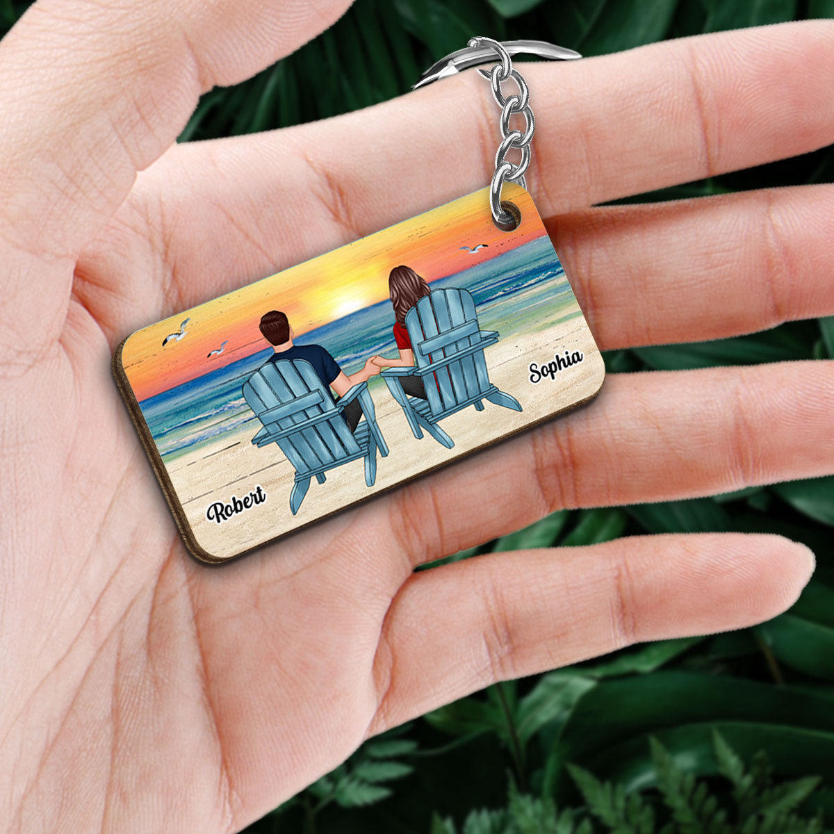 Couple Sitting Landscape Background Personalized Wooden Keychain