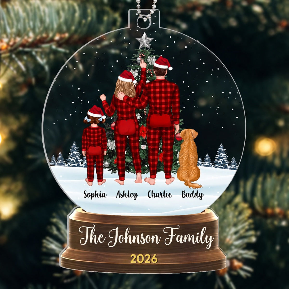 Pajamas Family Decorating Tree Snow Globe Personalized Acrylic Ornament