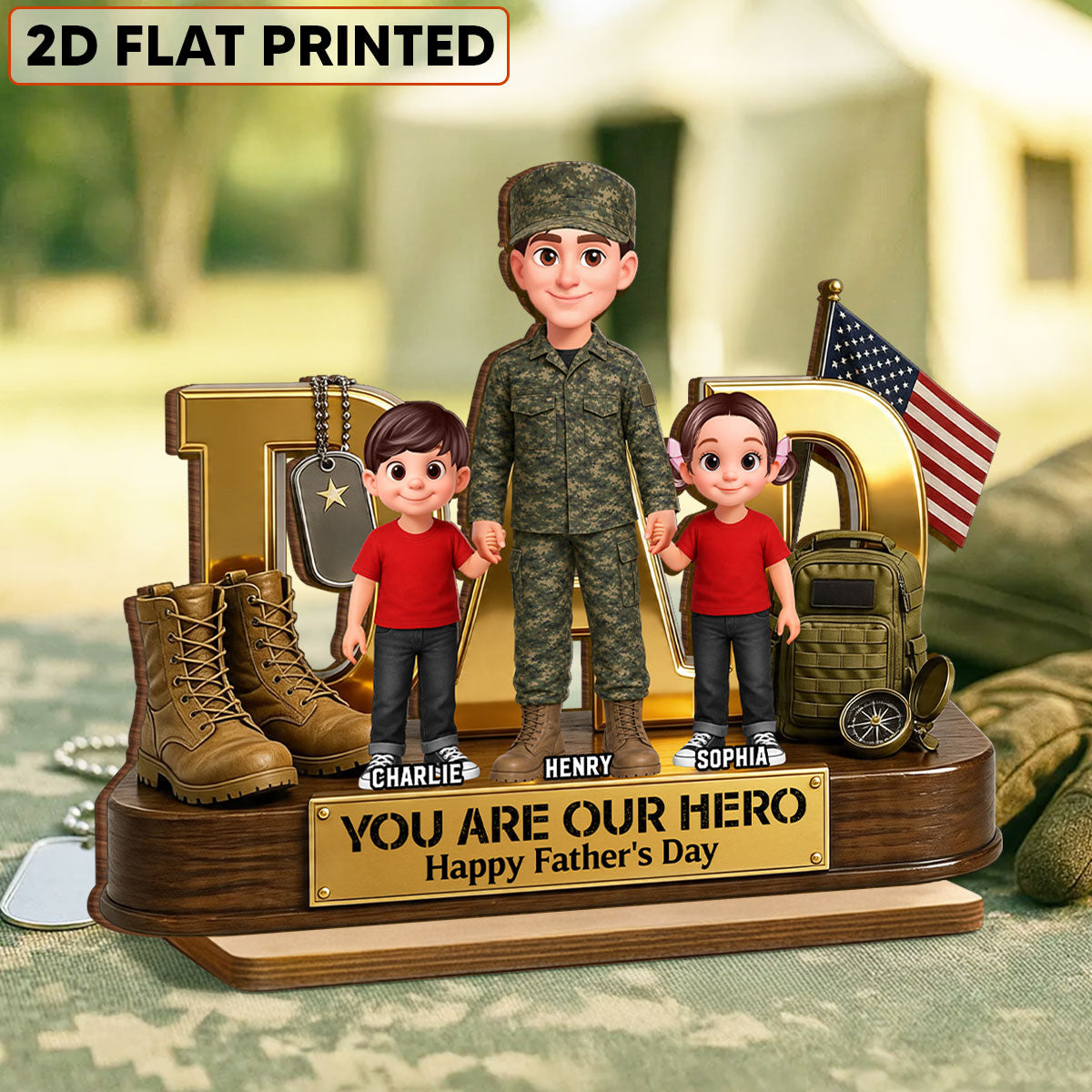 Proud American Millitary Dad - Personalized 2-Layered Wooden Plaque - Father's Day Gift For Dad, Husband
