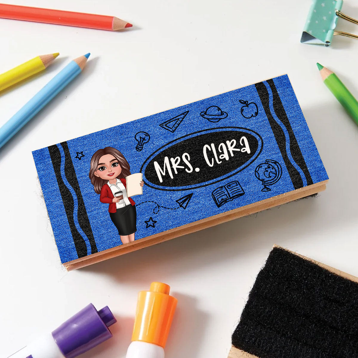 Teacher Crayon Pattern Personalized Chalkboard/Whiteboard Eraser with Marker, Teacher Appreciation Gift, Back To School Gift