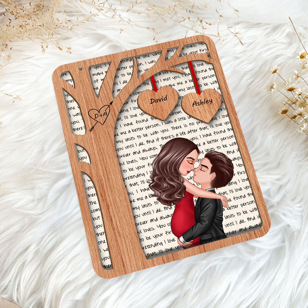 Couple Kissing Hugging Under Tree Letters Background Personalized 2-Layer Wooden Plaque