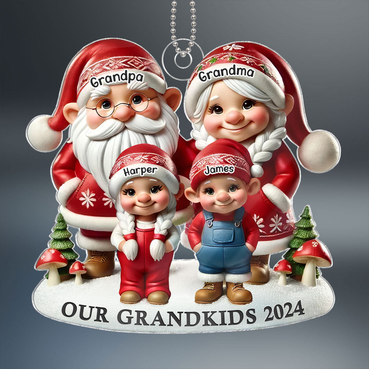3D Effect Gnome Grandma Grandpa And Grandkids Christmas Personalized Acrylic Car Hanger Ornament