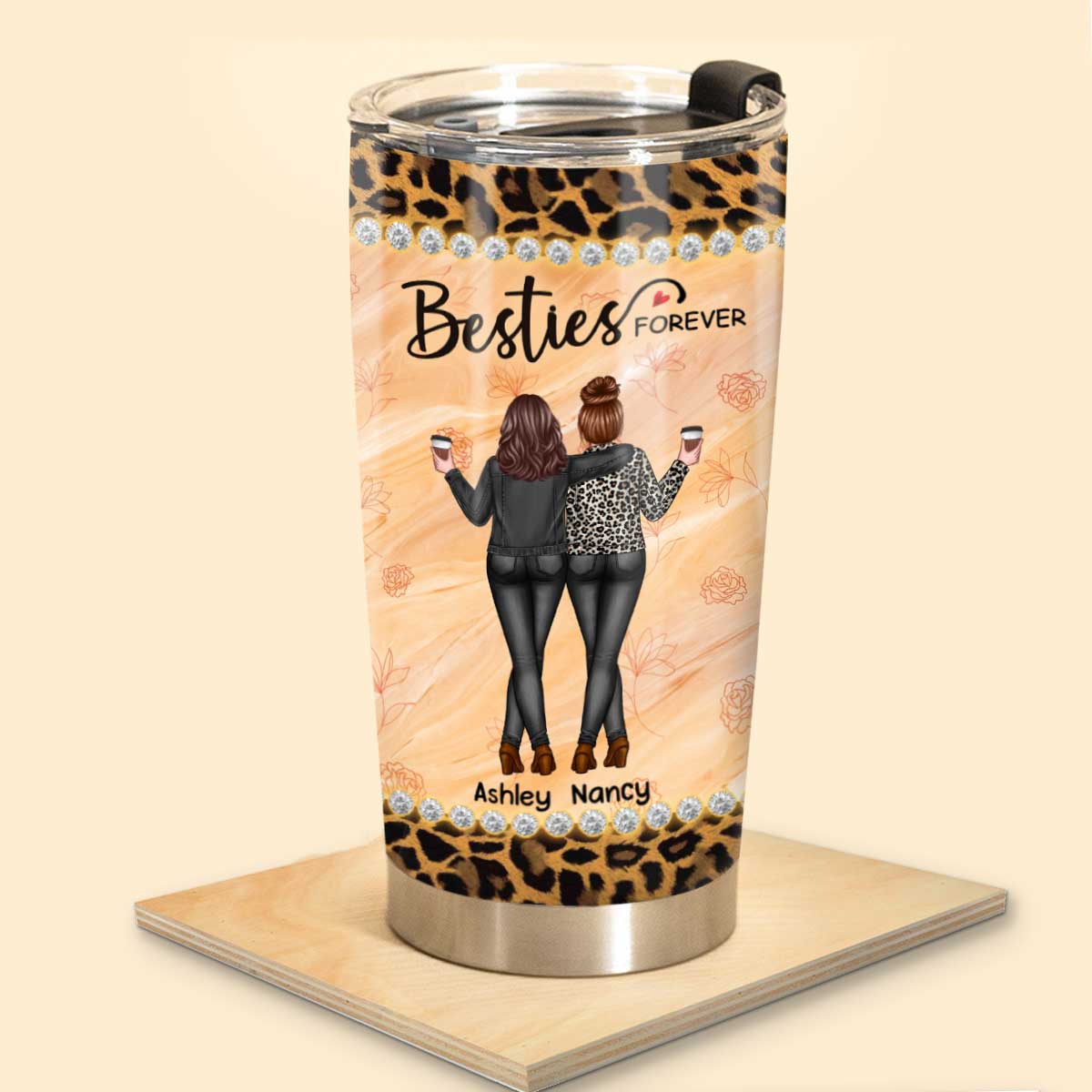 Leopard Pattern Back View Besties Sisters Personalized Tumbler