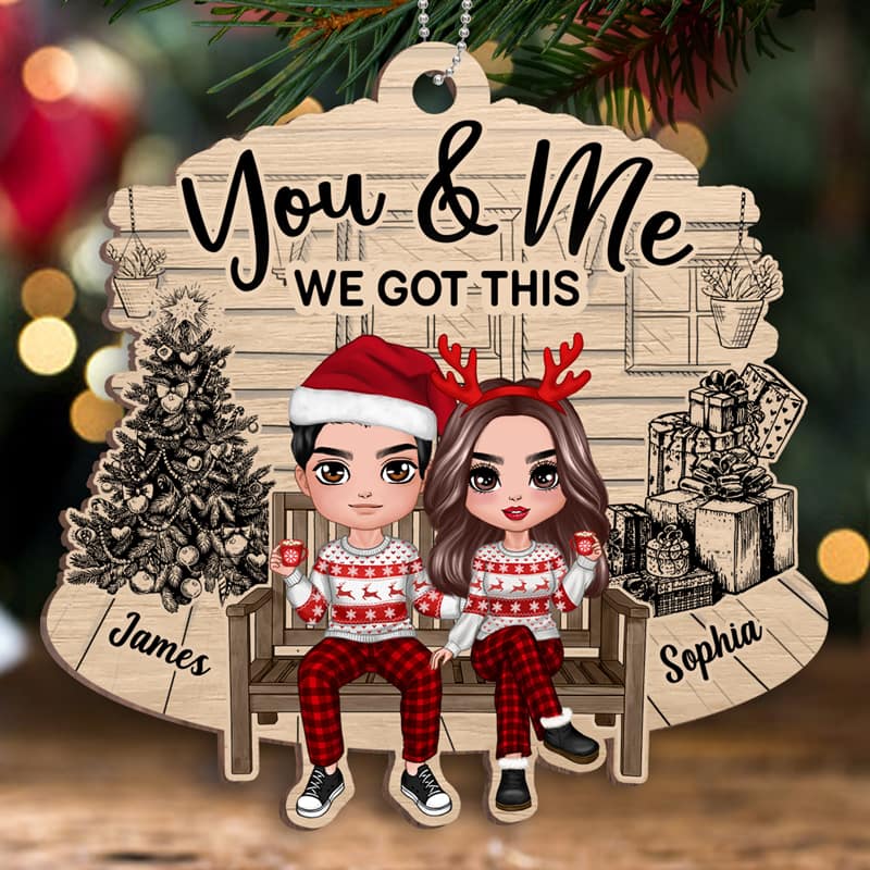 Christmas Couple Sitting Front Porch Sketch Personalized Wooden Ornament