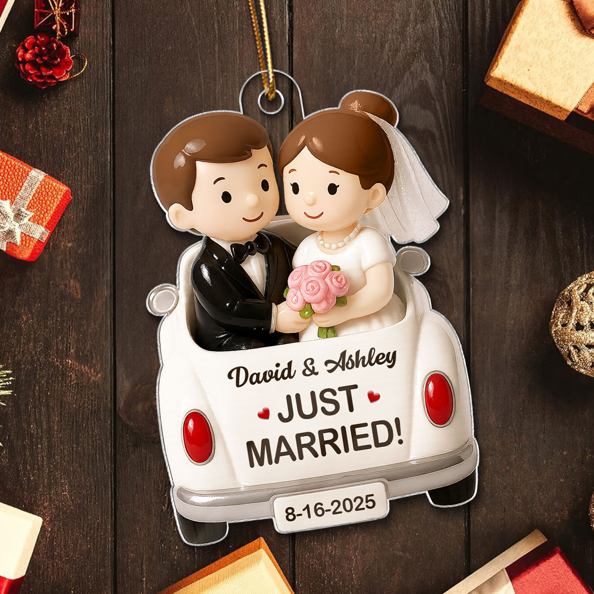 3D Effect Just Married Forever Love Couple Personalized Flat Acrylic Ornament, Gift For Newly Wedding Couple