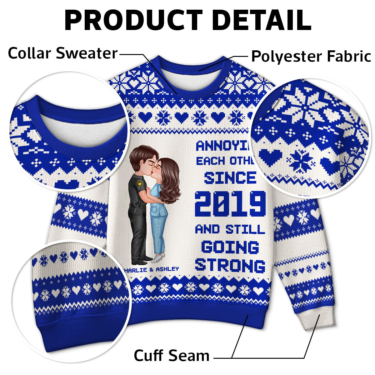 Christmas Hugging Kissing Couple Occupation Personalized Faux Knitting Ugly Sweater, Gift For Him, For Her, For Police, Nurse, Firefighter, EMS, Military