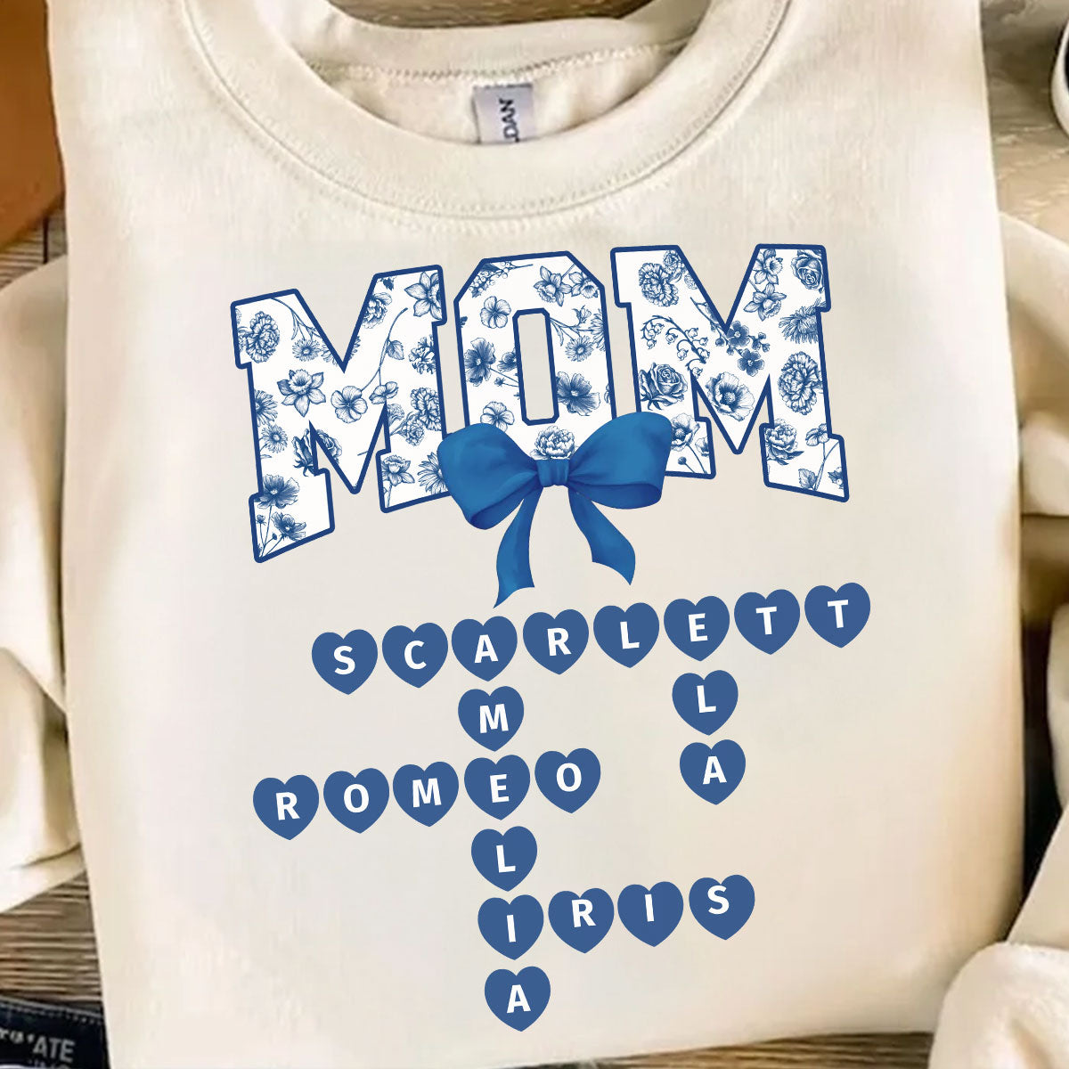 Grandma Mom Mimi Nana Gigi Floral Toile Blue Flower Grandkids Names Crosswords Personalized Shirt
