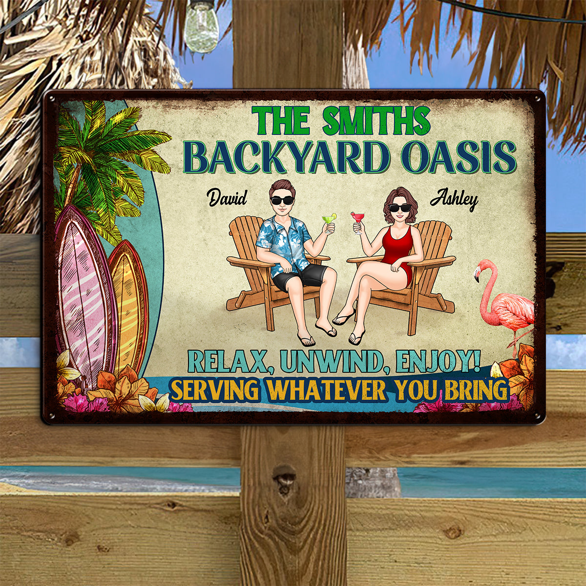 Backyard Oasis Serving Whatever You Bring, Personalized Metal Sign, Patio Decor, Pool Sign, Tiki Bar