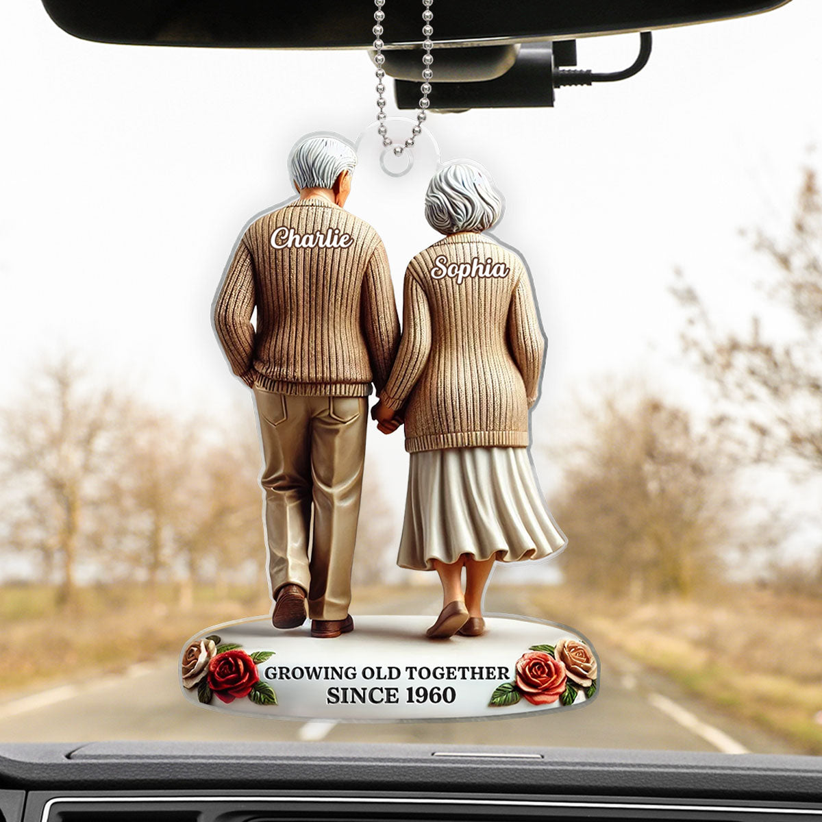 3D Effect Old Couple Holding Hands Walking Together Personalized Car Hanger Ornament, Heartfelt Gift For Couple, For Him, For Her, Husband, Wife