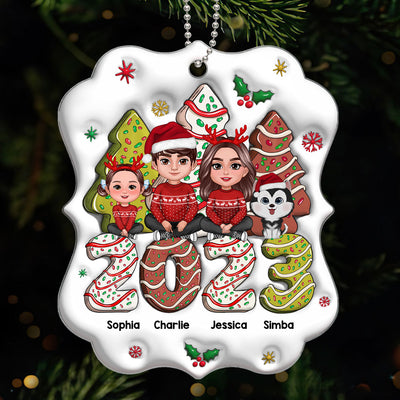 3D Family Crossed Legs Sitting Christmas Tree Cake Patterned Personalized Acrylic Ornament