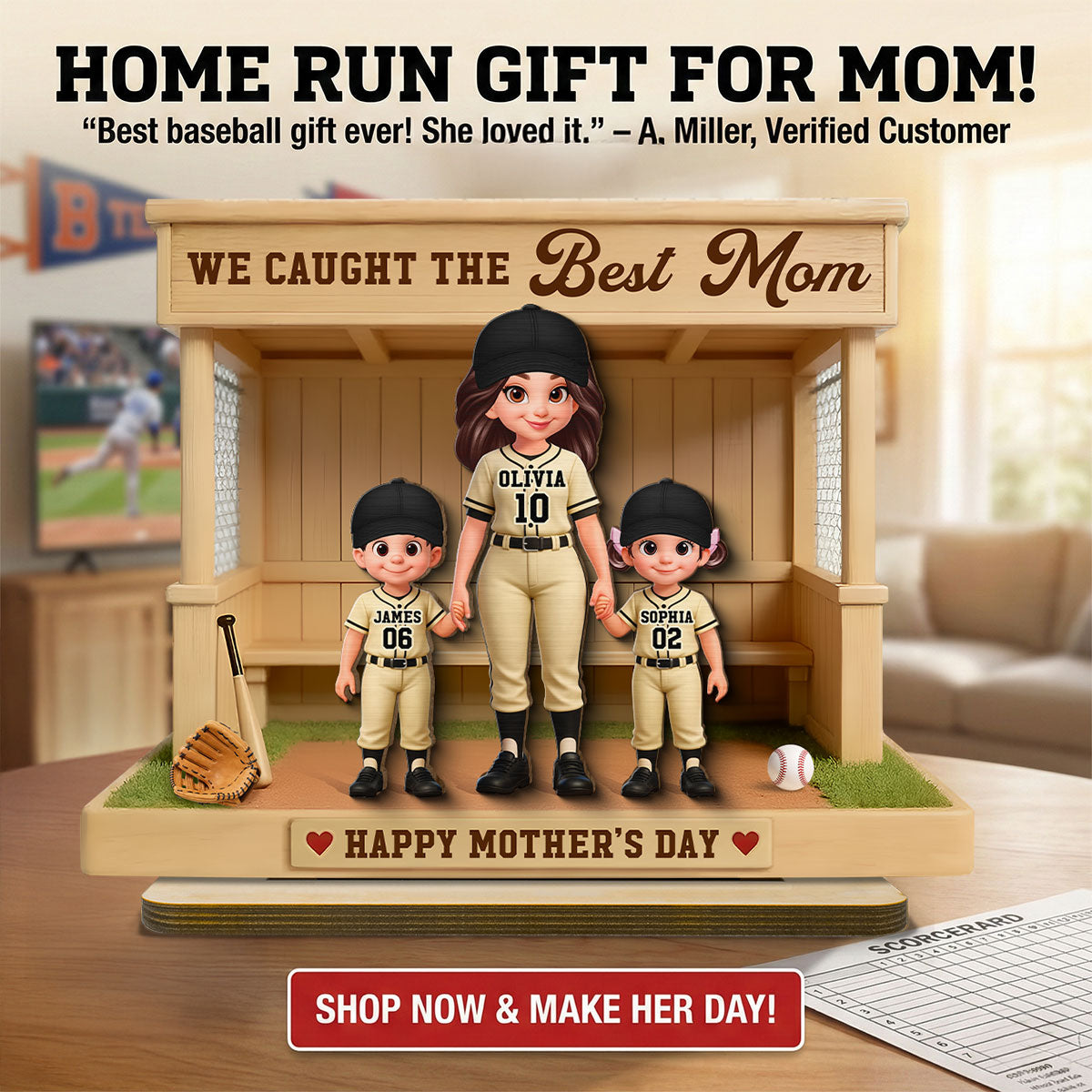 We Caught The Best Mom Baseball Dugout - Personalized 2-Layered Wooden Plaque - Mother's Day Gift For Baseball Mom