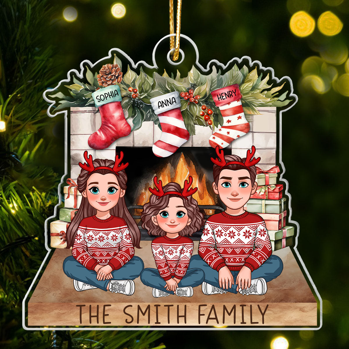 Animated Family Sitting At Christmas Fireplace Personalized Acrylic Ornament