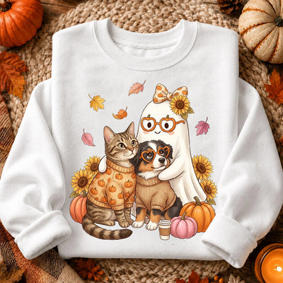 Cute Fall Dog Cat Hugging Ghost - Personalized Shirt - Trendy Fall Tee for Pet Lovers, Dog Mom, Cat Mom
